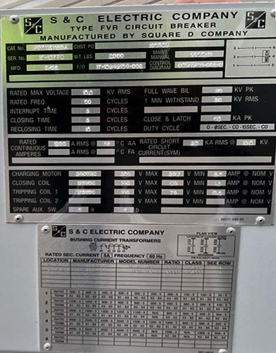 1200 Amp, SQUARE D, No. FVR1121125A, 15500 V., 2008, 125 VDC C/T, 240 VAC MOTOR