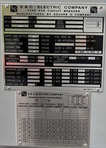 1200 Amp, S & C, No. FVR1121125A, 15500 V., 2002, 125 VDC C/T, 240 VAC MOTOR