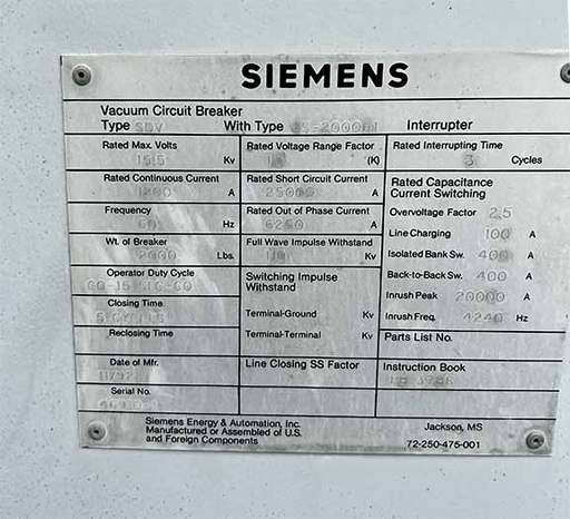 1200 Amp, SIEMENS, No. SDV, 15500 V., 125 CLOSE & TRIP, 240AC/250DC MOTOR