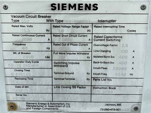 1200 Amp, SIEMENS, No. SDV, 15500 V., 125 CLOSE & TRIP, 240AC/250DC MOTOR