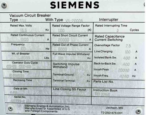 1200 Amp, SIEMENS, No. SDV, 15500 V., 125 CLOSE & TRIP, 240AC/250DC MOTOR