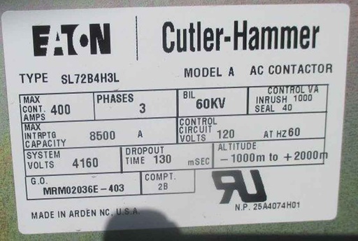 600 HP, 400 AMP, EATON/CUTLER-HAMMER, 2000 KVA CONTACTOR