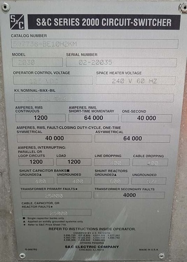 1200 Amp, S&C, 115000 V,SERIES 2000 CIRCUIT SWITCHER CONTROLLER