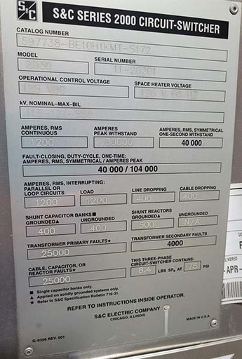 1200 Amp, S&C, 115000 V, SERIES 2000 CIRCUIT SWITCHER CONTROLLER
