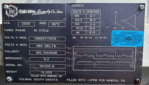 2500 KVA, Pri 13800 Y, Sec 480 D, T&R Substation Transformer