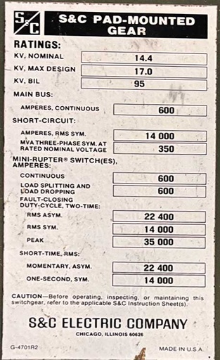 600 Amp, S & C, PMH-3, 14400 V. PADMOUNTED SWITCH