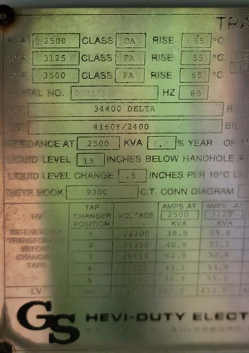 2500 KVA, Pri 34400 D, Sec 4160Y/2400, HEAVY DUTY SUBSTATION TRANSFORMER