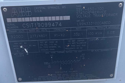 161 KVA, 92000 V, Sec. 277/480 V, ABB SUBSTATION VOLTAGE TRANSFORMERS