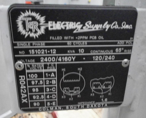 10 KVA, Pri. 2400/4160Y V, Sec. 120/240 V, T&R, OIL, POLEMOUNT TRANSFORMER