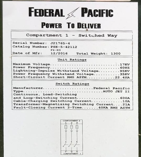 600 Amp, FEDERAL PACIFIC, No. PSE-5, 15000 V., PADMOUNTED SWITCH- UNUSED