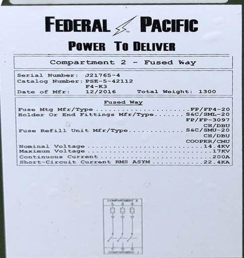 600 Amp, FEDERAL PACIFIC, No. PSE-5, 15000 V., PADMOUNTED SWITCH- UNUSED