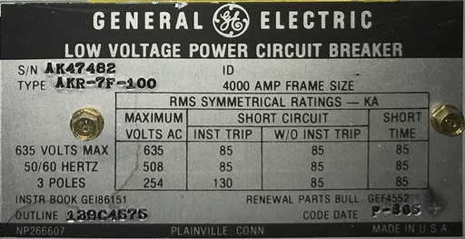 4000 Amp, GE, AKR-7F-100, 480 V., AIR CIRCUIT BREAKER