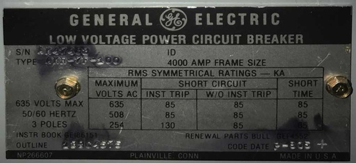 4000 Amp, GE, AKR-7F-100, 480 V., AIR CIRCUIT BREAKER
