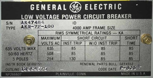 4000 Amp, GE, AKR-7F-100, 480 V., AIR CIRCUIT BREAKER