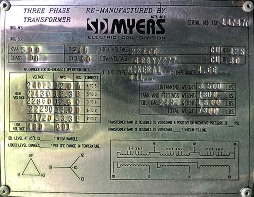 500 KVA, Pri 22860 D, Sec 480Y/277, DF/LF, SD MYERS PADMOUNT TRANSFORMER