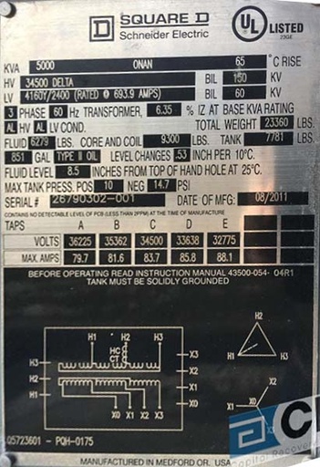 5000 KVA, Pri 34500 D, Sec 4160Y/2400, SQUARE D SUBSTATION TRANSFORMER