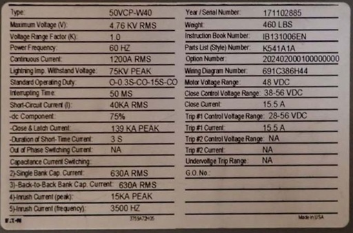1200 Amp, EATON, 50VCP-W40, 4760 V., CIRCUIT BREAKER DRAWER, NEW