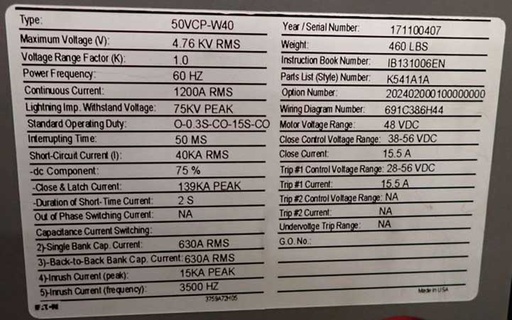 1200 Amp, EATON, 50VCP-W40, 4760 V., CIRCUIT BREAKER DRAWER, NEW