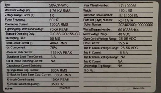 1200 Amp, EATON, 50VCP-W40, 4760 V., CIRCUIT BREAKER DRAWER, NEW