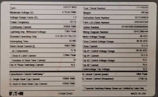 2000 Amp, EATON, 50VCP-W40, 4760 V., CIRCUIT BREAKER DRAWER, NEW