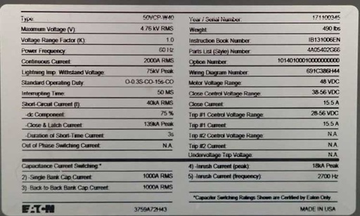 2000 Amp, EATON, 50VCP-W40, 4760 V., CIRCUIT BREAKER DRAWER, NEW