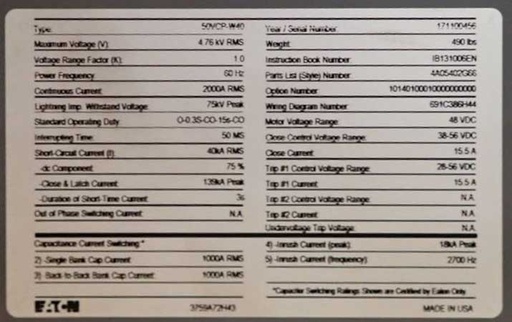2000 Amp, EATON, 50VCP-W40, 4760 V., CIRCUIT BREAKER DRAWER, NEW