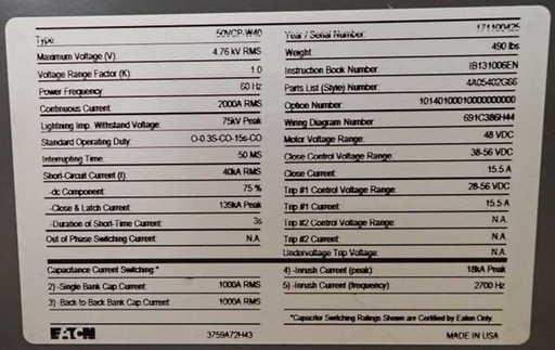 2000 Amp, EATON, 50VCP-W40, 4760 V., CIRCUIT BREAKER DRAWER, NEW