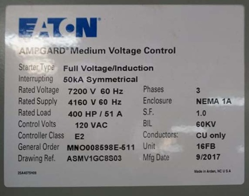 400 HP EATON AMPGARD SL72 7200V INDOOR STARTER- FULL VOLTAGE/INDUCTION