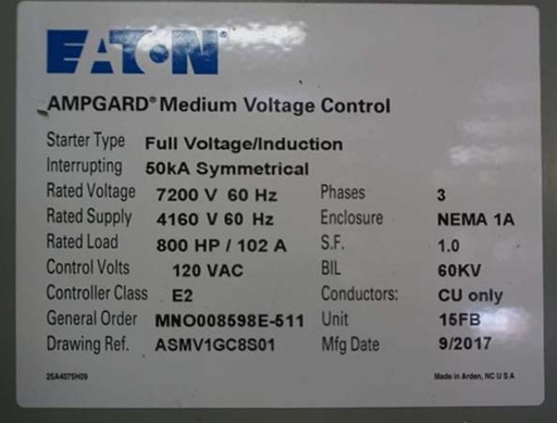 400 HP EATON AMPGARD SL72 7200V INDOOR STARTER- FULL VOLTAGE/INDUCTION