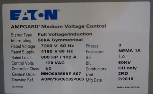 800 HP EATON AMPGARD SL72 7200V INDOOR STARTER- FULL VOLTAGE/INDUCTION