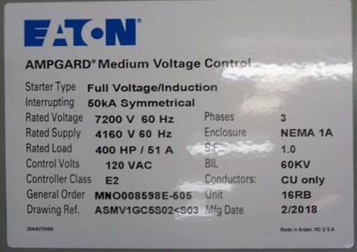 400 HP EATON AMPGARD SL72 7200V INDOOR STARTER- FULL VOLTAGE/INDUCTION