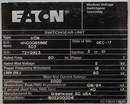2000 Amp, EATON, VCW, 5 KV, CIRCUIT BREAKER CABINET-UNUSED