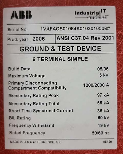 1200 Amp, ABB, GROUND & TEST, 5 KV, 2006