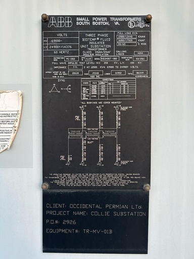 12/13.4/16/17.92 MVA, PRI 6900D, SEC 24900Y/14376 ABB SUBSTATION TRANSFORMER