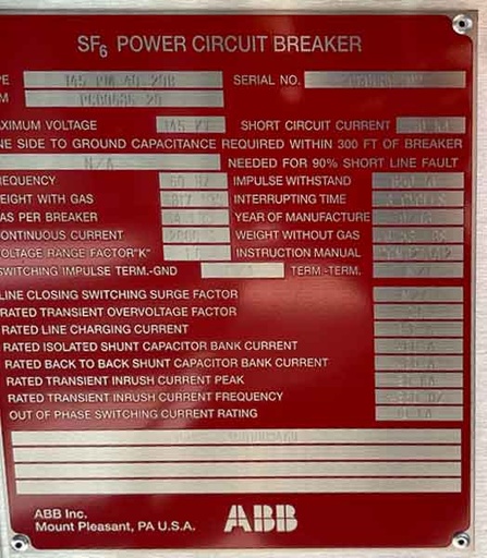 2000 Amp, ABB, TYPE 145 PM 40 20B, 145000 V., SF6 CIRCUIT BREAKER