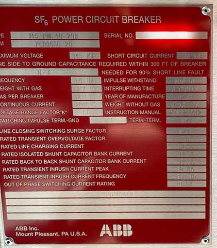 2000 Amp, ABB, TYPE 145 PM 40 20B, 145000 V., SF6 CIRCUIT BREAKER