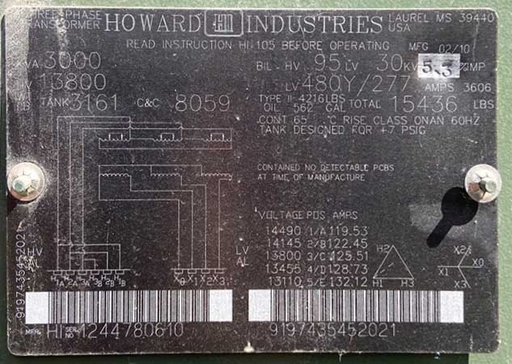 3000 KVA, Pri 13800D, 480Y/277, DF/LF HOWARD INDUSTRIES PADMOUNT TRANSFORMER