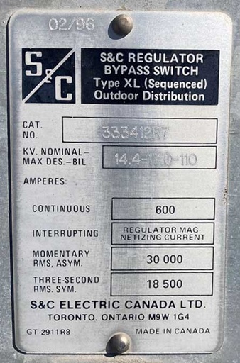 600 Amp, 14400 V, S&C REGULATOR BYPASS SWITCHES
