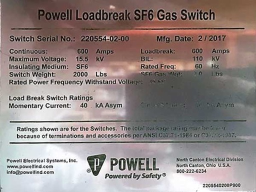 600 AMP, 15.5 KV, 40 KA CLOSE & LATCH, POWELL LOADBREAK SF6 GAS SWITCH