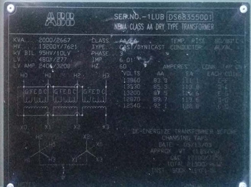 2000/2667 KVA, Pri 13200Y, Sec 480Y/277, ABB, CAST/DYNICAST, DRY TYPE TRANSFORME