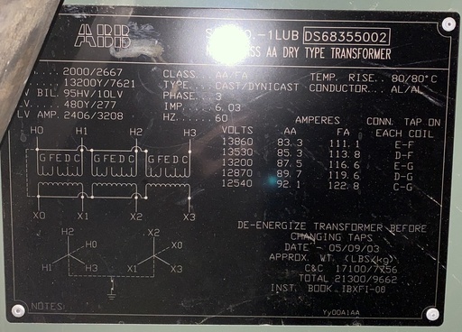 2000/2667 KVA, Pri 13200Y, Sec 480Y/277, ABB, CAST/DYNICAST, DRY TYPE TRANSFORME