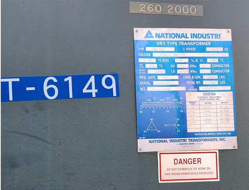 2000/3000 KVA, Pri 13750D, Sec 480Y/277 NATIONAL INDUSTRIES DRY TYPE TRANSFORMER