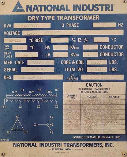 2000/3000 KVA, Pri 13750D Sec 480Y/277, NATIONAL INDUSTRIES DRY TYPE TRANSFORMER