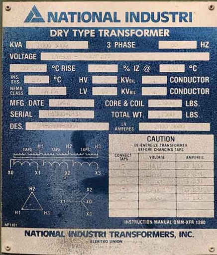 2000/3000 KVA, Pri 13750D Sec 480Y/277, NATIONAL INDUSTRIES DRY TYPE TRANSFORMER