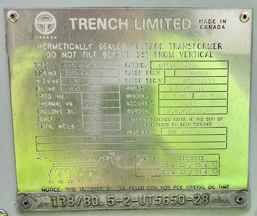 138 KV, 80500 PRI, 115/67.08 SEC TRENCH VOLTAGE TRANSFORMERS 1200/700:1