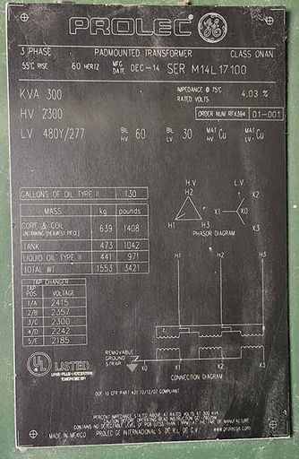 300 KVA, Pri 2300 DELTA, Sec 480Y/277, LF/RF, GE PROLEC TRANSFORMER