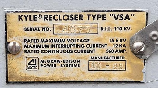 560 AMP, 15.5 KV KYLE VSA RECLOSER