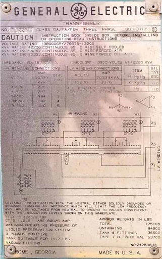 42.2/56.3/70 MVA, Pri 138000GRDY, Sec 13200D GE SUBSTATION TRANSFORMER