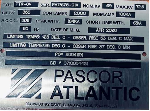 2000 Amp, PASCOR, No. TTR-8V, 69000 V GANG OPERATED DISCONNECT SWITCH