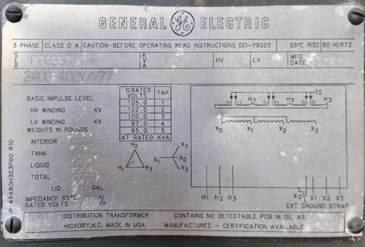 300 KVA, Pri 2400 D, Sec 480Y/244 GENERAL ELECTRIC PADMOUNT TRANSFORMER LF/RF